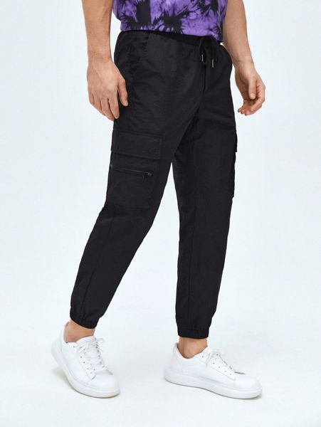 

men flap pocket drawstring waist cargo pants k2sy#, Black