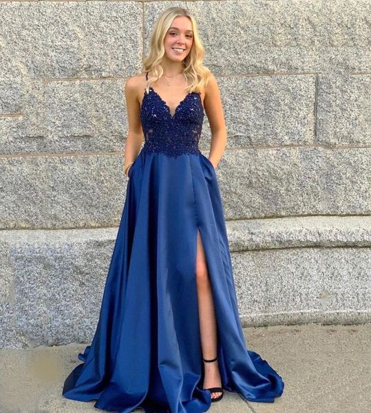 

spaghetti straps lace evening dresses high side split appliques sweep train lace-up back satin formal prom gowns, Black;red