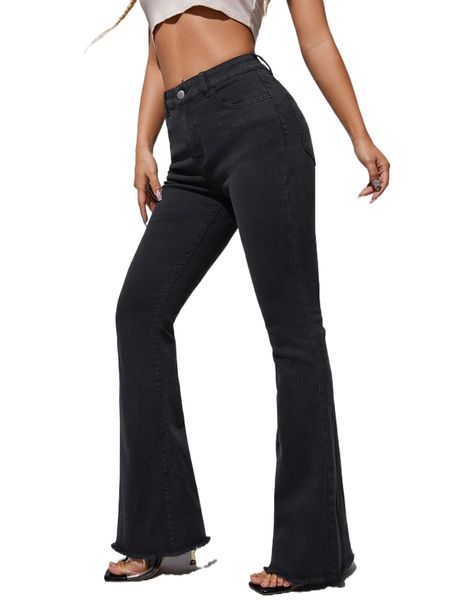 

high waist raw hem flare leg jeans q1ki#, Blue