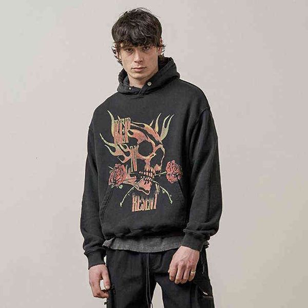 

vintage present rose skull print hoodie high street loose couple men, Black
