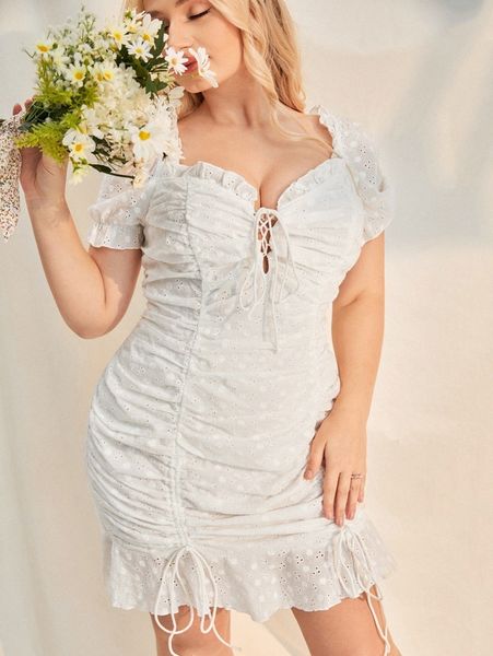 

plus lace up front drawstring ruffle trim ruched schiffy dress f0nr#, Black