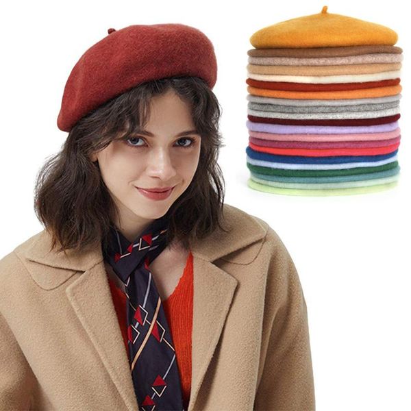 Beretto di lana femminile femmina berretto francese berretto francese logo fatto su misura per il pittore per feste vintage per la moda solido inverno inverno berretti di lana auricolare 3 colori