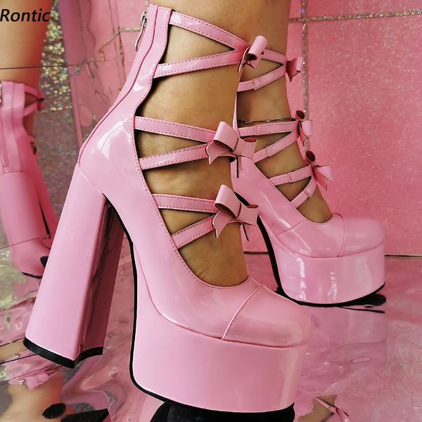 Rontic Handmade Mulheres Plataforma Tornozelo Botas Brilhantes Brilhantes Saltos Redondos Redondos Redondos Rosa Rosa Rosa Bege Vestido Verde Sapatos Tamanho 5-15