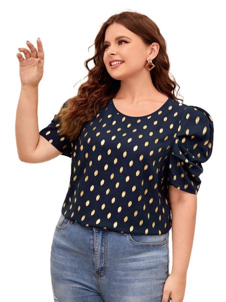 

plus gold dot print puff sleeve blouse 91lh#, Black