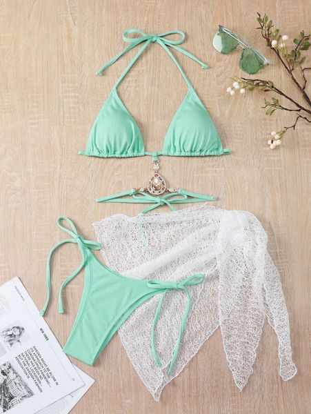 

3pack rib halter tie side bikini swimsuit & beach skirt 198f#, White;black