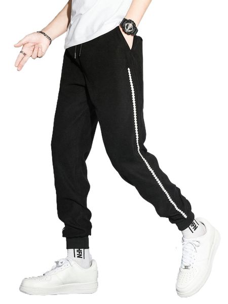 

men contrast side seam drawstring waist tapered pants d6dc#, Black