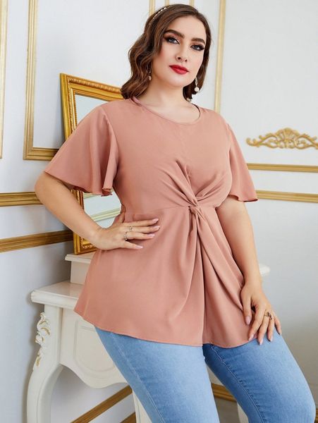 

plus twist front flutter sleeve blouse t9ki#, Black