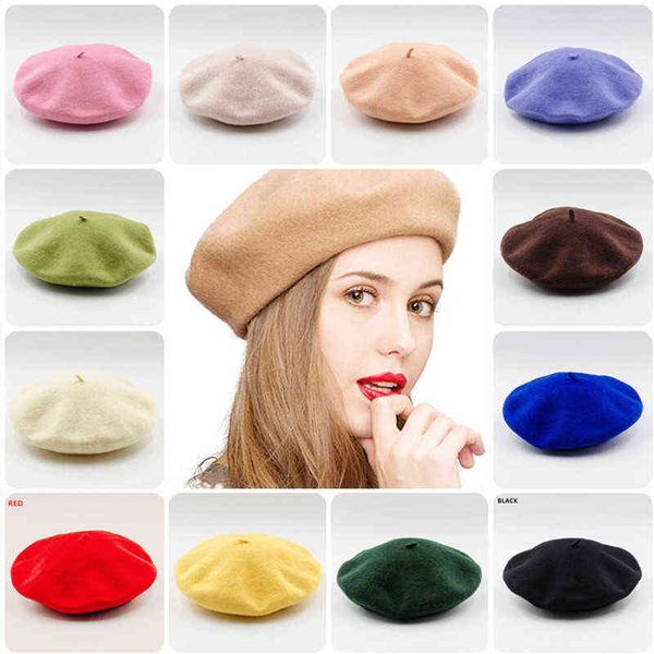 

classic women beret french artist warm wool winter beanie hat cap vintage flat beret hats solid color elegant lady winter caps j220722, Blue;gray