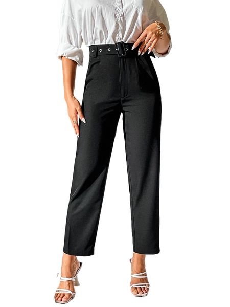 

petite solid zip fly belted pants s8vj#, Black;white