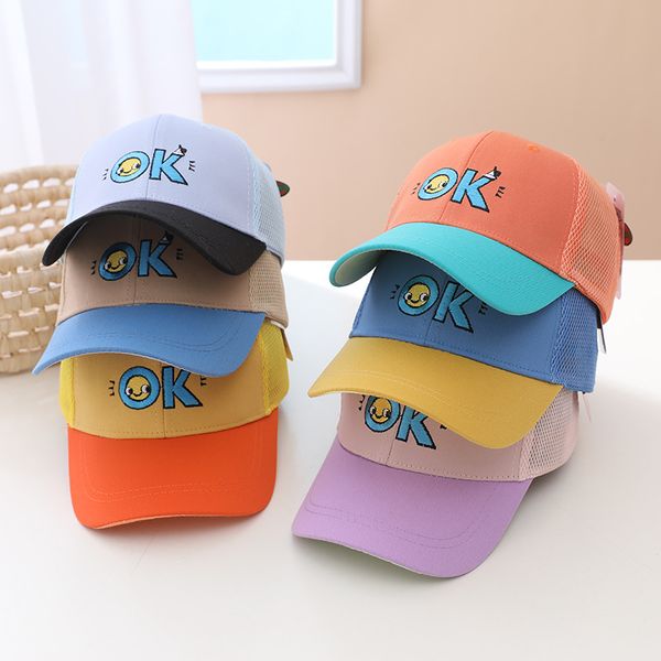 Babymützen Sommer OK bestickte Baseballkappe Kleinkind Outdoor Kinder Sonnenkappe für Jungen Mädchen Kinder atmungsaktiv Macaron Farbe Hut 3–8 Jahre