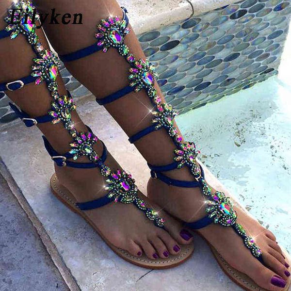 Sandalen 2023 Sommer Flache Sandale Gladiator Gold Strass Kniehohe Schnalle Frau Stiefel Böhmen Stil Kristall Strandschuhe 220232