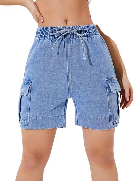 

drawstring waist flap pocket cargo denim shorts o6rr#, White;black