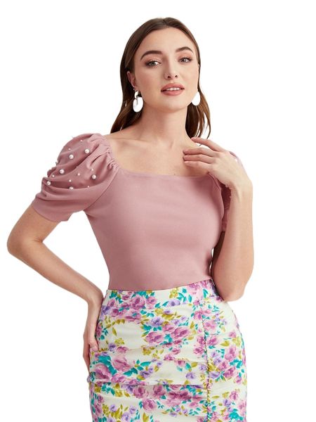 

pearl beaded puff sleeve tee y23p#, White