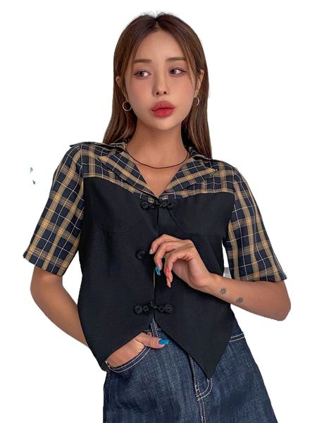 

dazy plaid frog button front blouse d2yb#, White