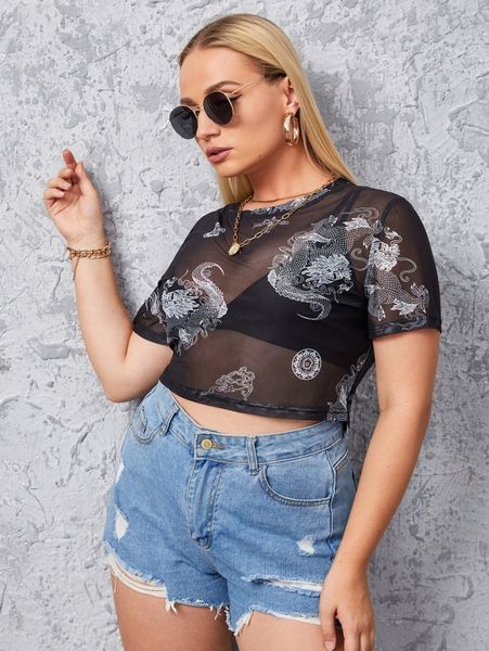 

plus chinese dragon print crop mesh without bra 522n#, Black