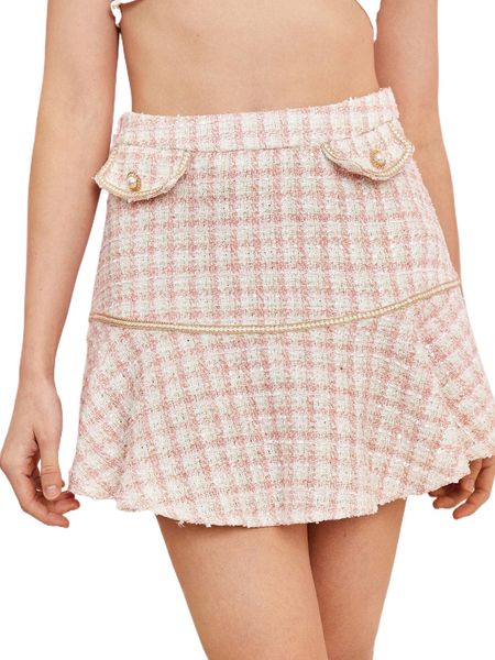 

pearl detail ruffle hem wool-mix fabric skirt 21hu#, Black