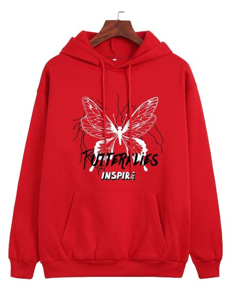 

slogan and butterfly print drawstring kangaroo pocket hoodie z9eh#, Black