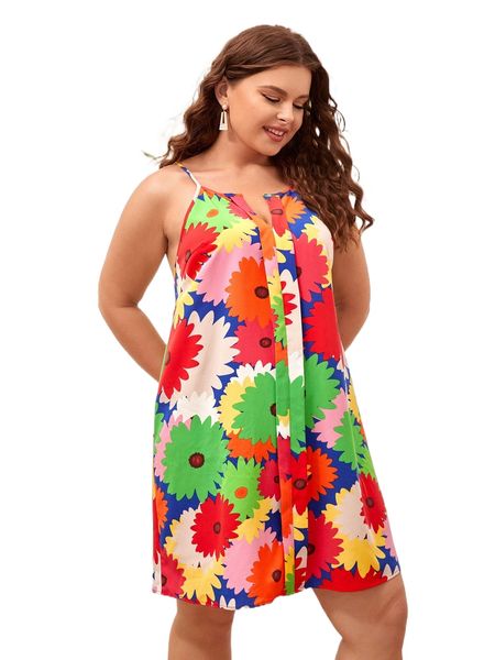 

plus floral print cami dress c8x5#, Black
