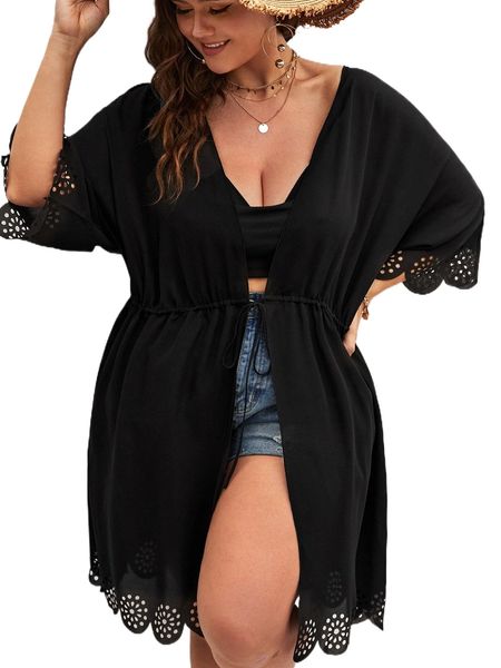 

plus laser cut out drawstring waist mesh kimono h0vm#, Black;gray
