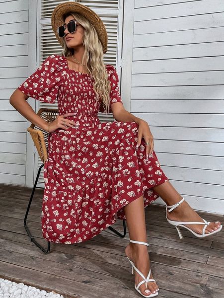 

ditsy floral print puff sleeve shirred ruffle hem dress c9lx#, Black;gray