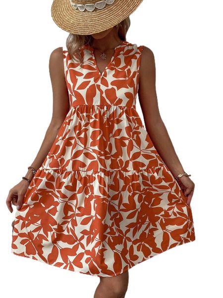 

allover plant print notch neck ruffle hem dress b5xo#, Black;gray