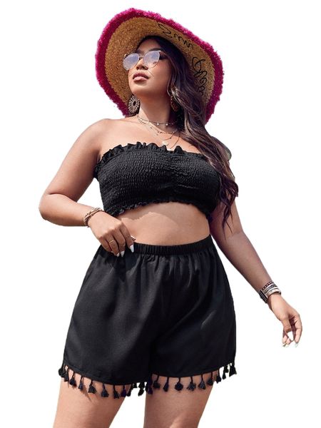 

plus shirred frilled tube & tassel hem shorts u3or#, Black