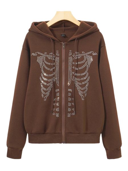 

rhinestone skeleton pattern drawstring thermal hoodie e7rb#, Black