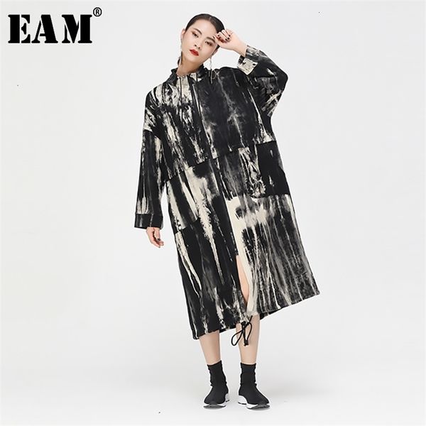 

eam women khaki pattern printed big size long trench new stand collar long sleeve loose windbreaker fashion spring 1d937 201111, Tan;black
