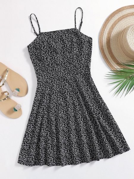 

allover plants flared hem dress e1pb#, Black;gray