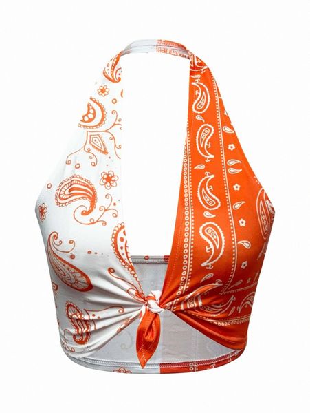 

two tone paisley knotted halter crop 20q5#, White