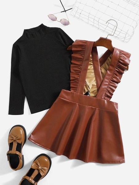 

toddler girls stand neck & ruffle trim pu leather suspender skirt she, White