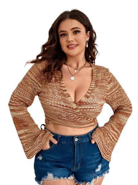 

plus space dye trumpet sleeve wrap knot back crop cardigan e00h#, Black