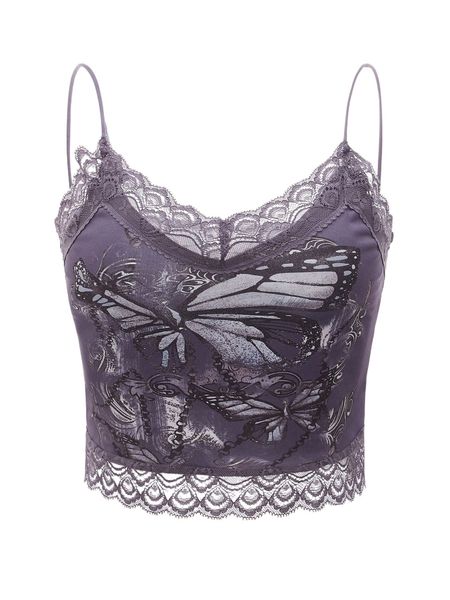

romwe goth butterfly print lace trim cami w5wg#, White