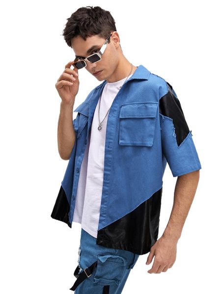 

x d.haleter men raw edge flap pocket colorblock shirt 93se#, White;black