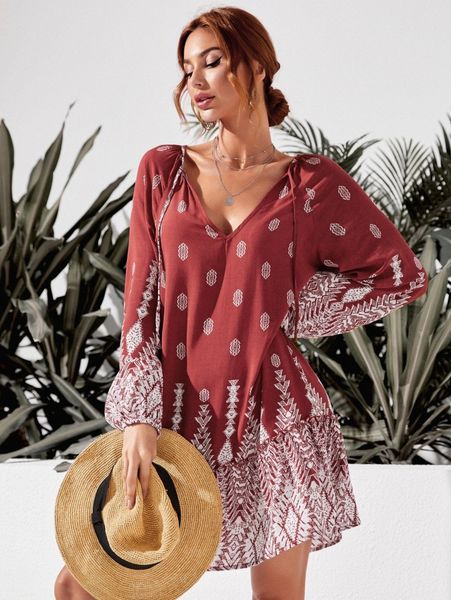 

luukse geo print bishop sleeve dress 19gl#, Black;gray