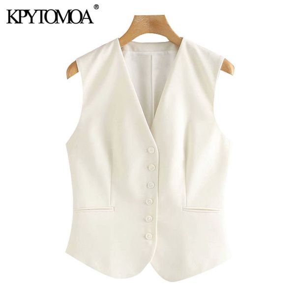 

kpytomoa women fashion office wear buttonup fitted waistcoat vintage v neck sleeveless female vest outerwear chic 201031, Black;white