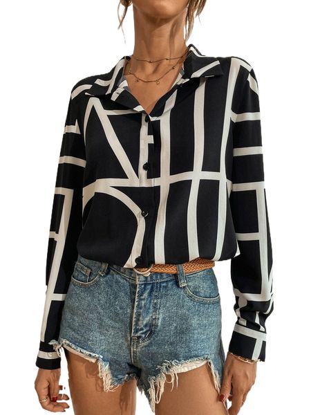

geo print button up blouse 51zl#, White