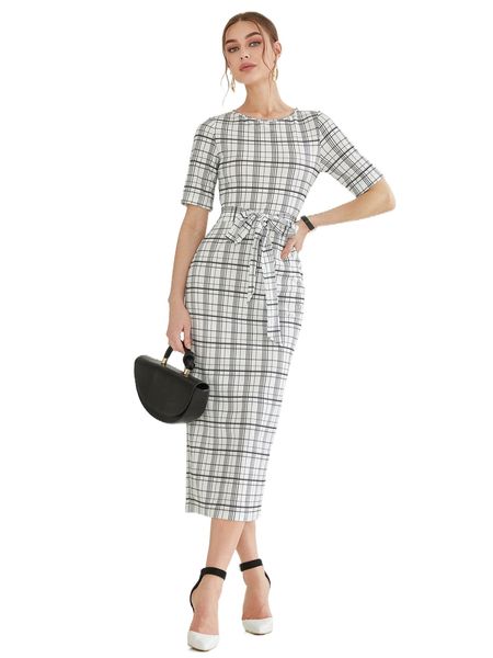 

plaid belted fitted dress o10f#, Black;gray