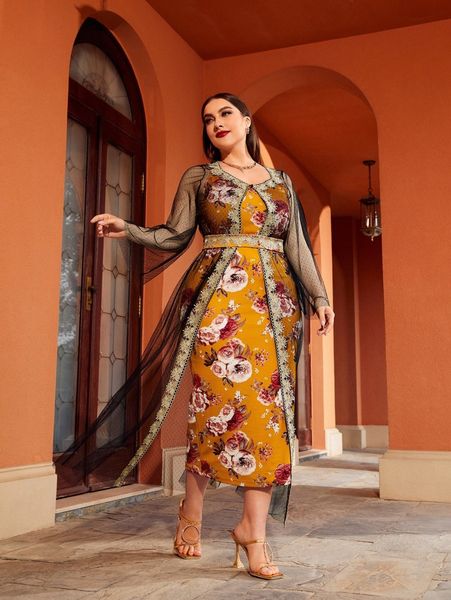 

plus floral print belted cami dress with lace trim mesh coat 41of#, Black