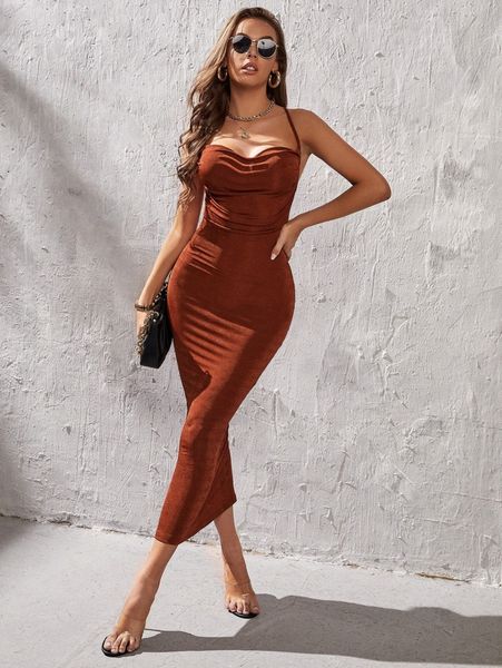 

tall draped collar backless knot bodycon dress l2yj#, Black;gray