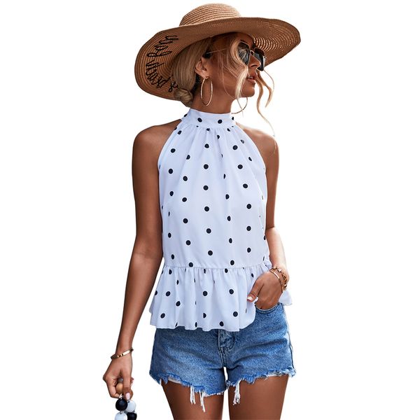 

women camis casual polka dot blouse t shirts halter loose sleeveless tank, White