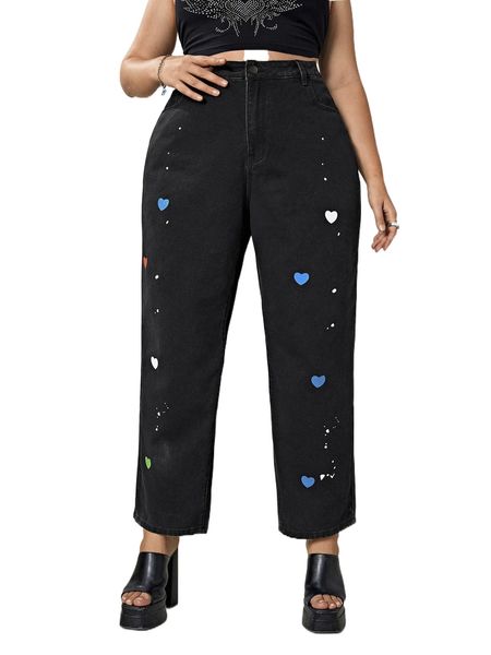 

plus heart embroidery straight leg jeans w7ut#, Blue