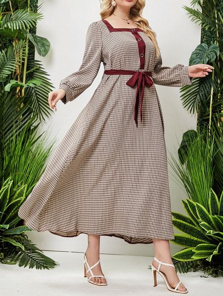 

plus gingham bishop sleeve square neck belted dress s3xk#, Black