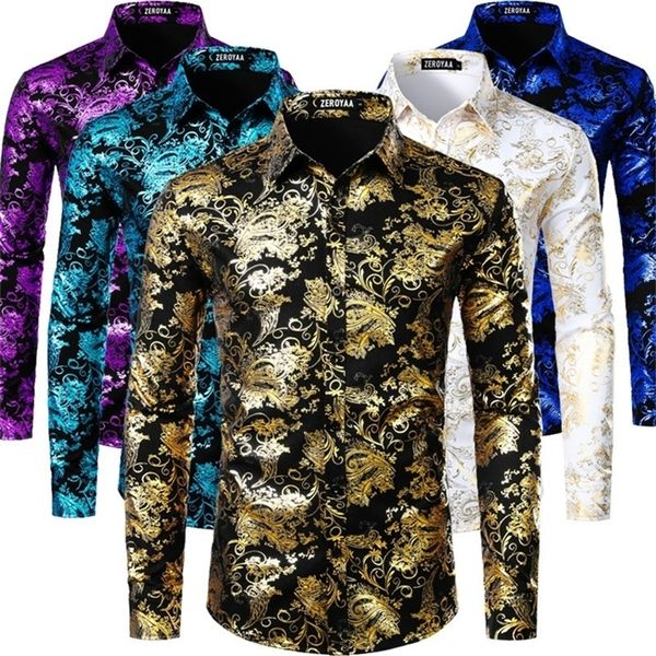 Mens Luxury Paisley Floral Gold Shiny Print Camicie Camisas Elegante camicia a maniche lunghe sottile per il ballo di fine anno Mostra abbigliamento uomo 220401