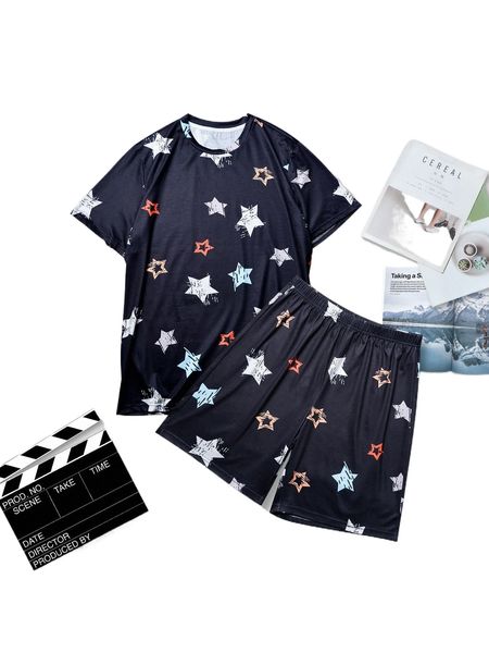 

men star print pj set b1ig#, Black;brown