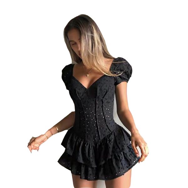 

darlingaga fashion v neck ruffles pleated dress women puff sleeve chic black summer dress party hollow out vintage corset ladies, White;black