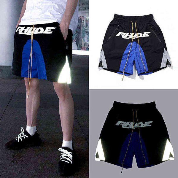 

black rhude colorblock reflective panel print shorts street mens and womens casual drawstring, White;black