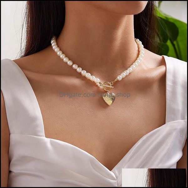 

chokers necklaces pendants jewelry simple imitation pearl short strand necklace for women heart pendant gold colour choker fashion wedding, Golden;silver