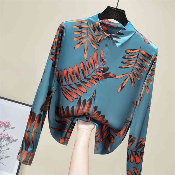 

shirt women vintage leaves print long sleeve chiffon blouse autumn arrival modis 210326, White