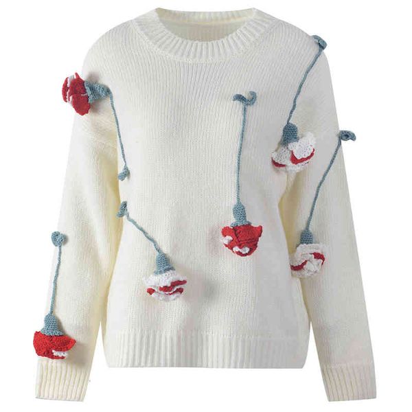 

women's knits tees sweet style cute three-dimensional flower sweater pullover crew neck women's fashion in autumn and winter epp2, White